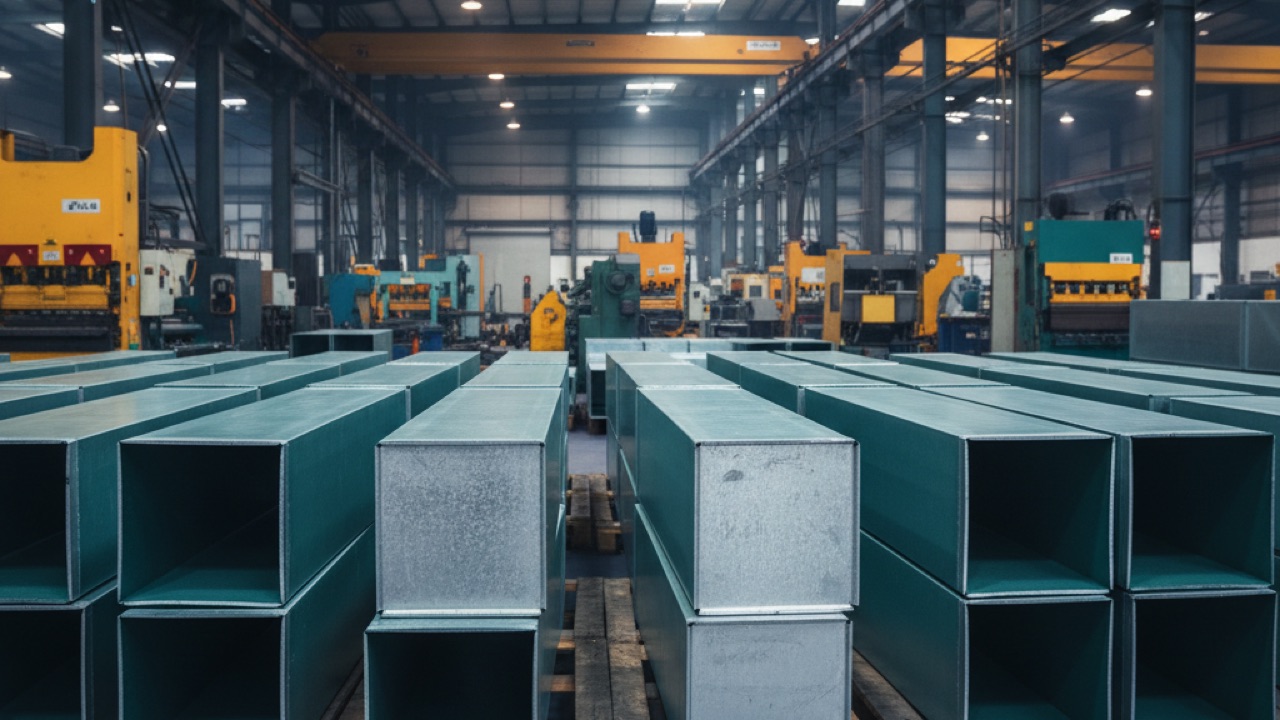 Planta de fabricación HVAC en Monterrey con ductos verde teal recubiertos