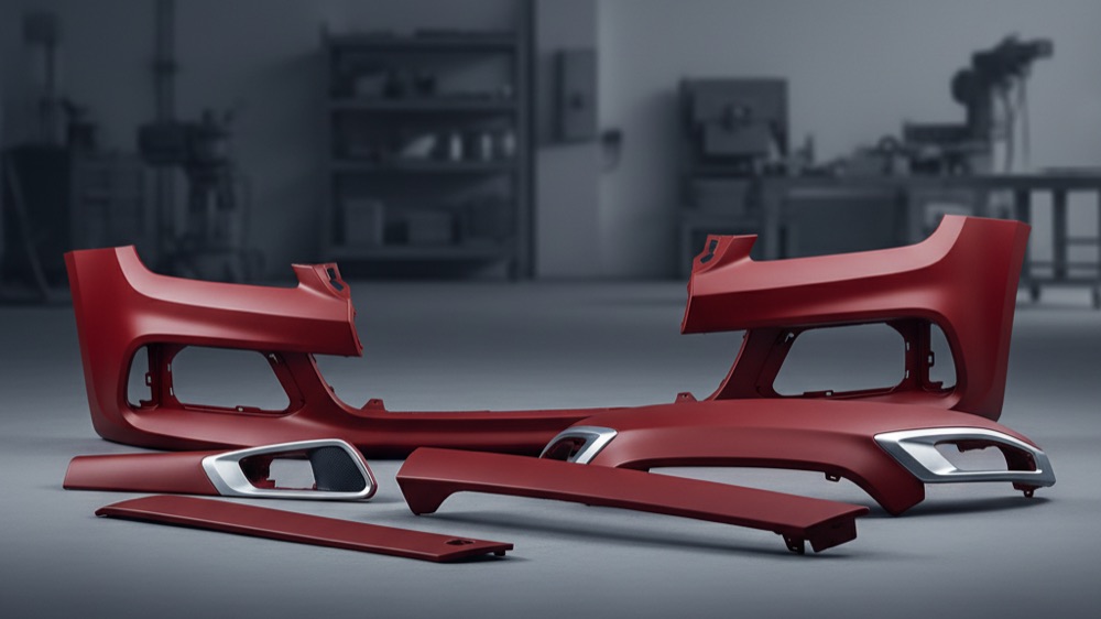 Defensa y autopartes interiores con recubrimiento poliuretano flexible rojo